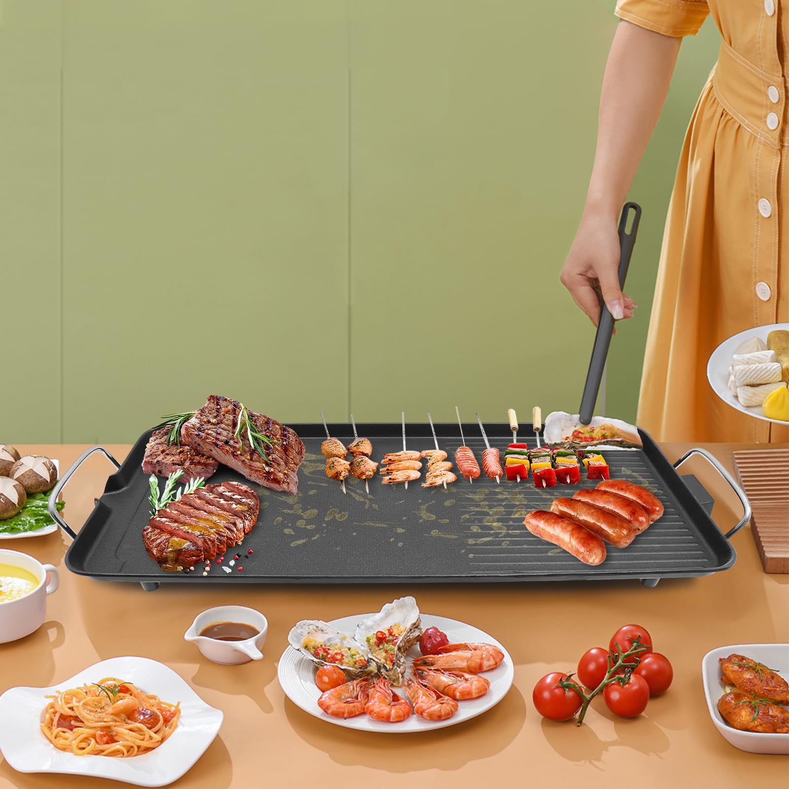 Barbacoa eléctrica, portátil, con 5 niveles de temperatura, 68 x 28 cm | 1500 W y revestimiento antiadherente, para camping, jardín y picnic