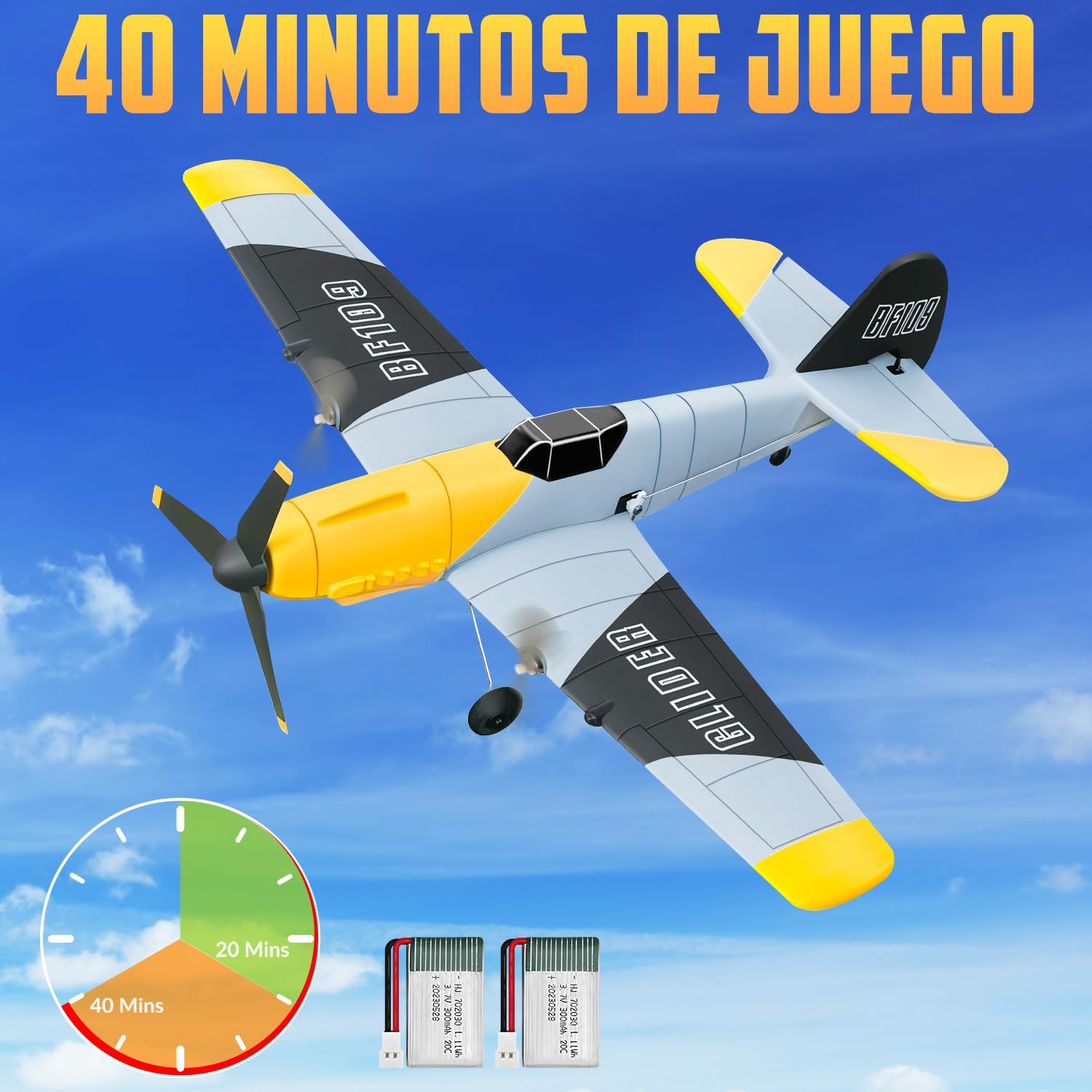 HAWK'S WORK 3 Canales RC Avión BF-109, Avión Teledirigido Listo para Volar, 2.4GHz Estabilizador Giroscópico de 6 Ejes, Fácil de Volar para Niños y Principiantes
