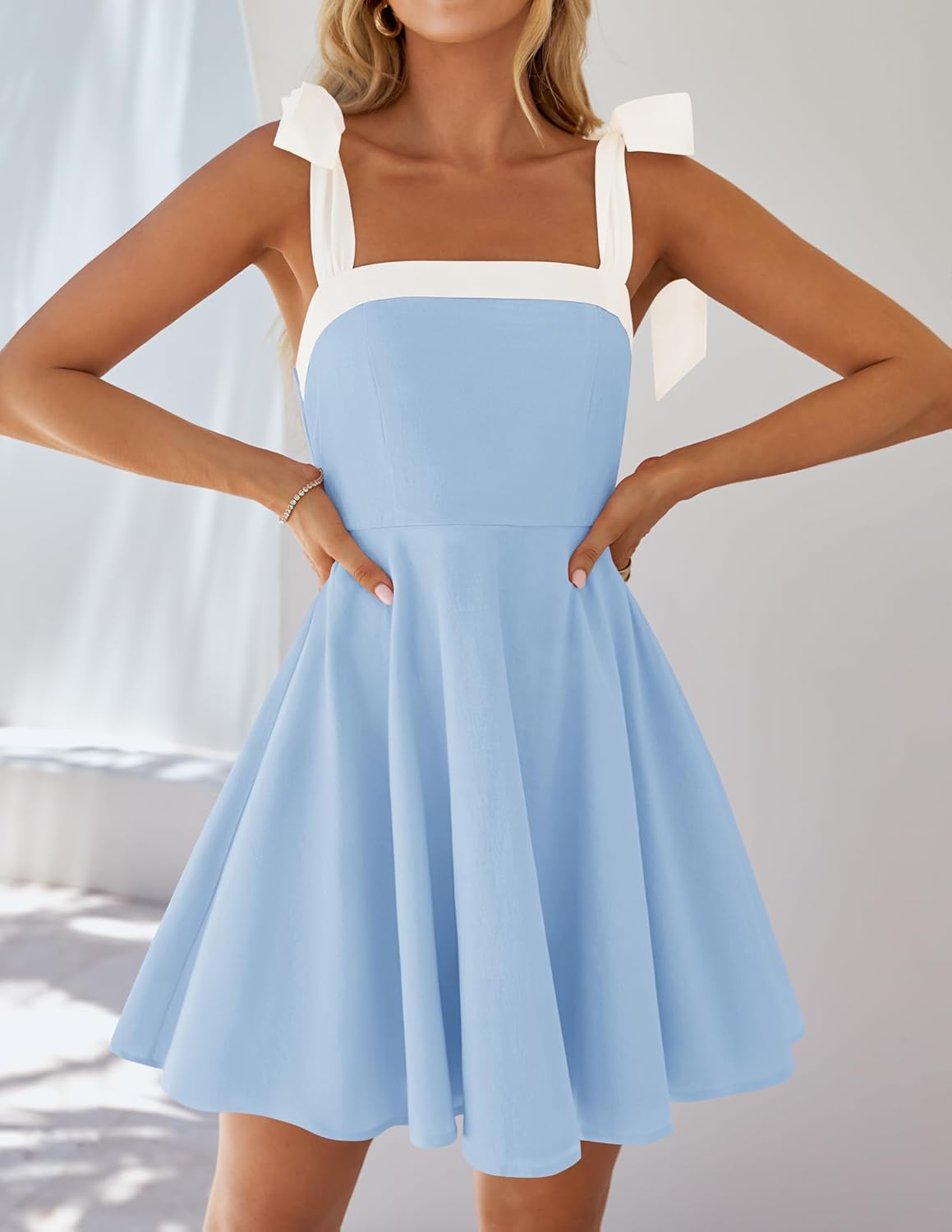 ZESICA Womens Summer Sleeveless Mini Dress Tie Shoulder Square Neck High Waist Swing A Line Short Sundresses - Image 7