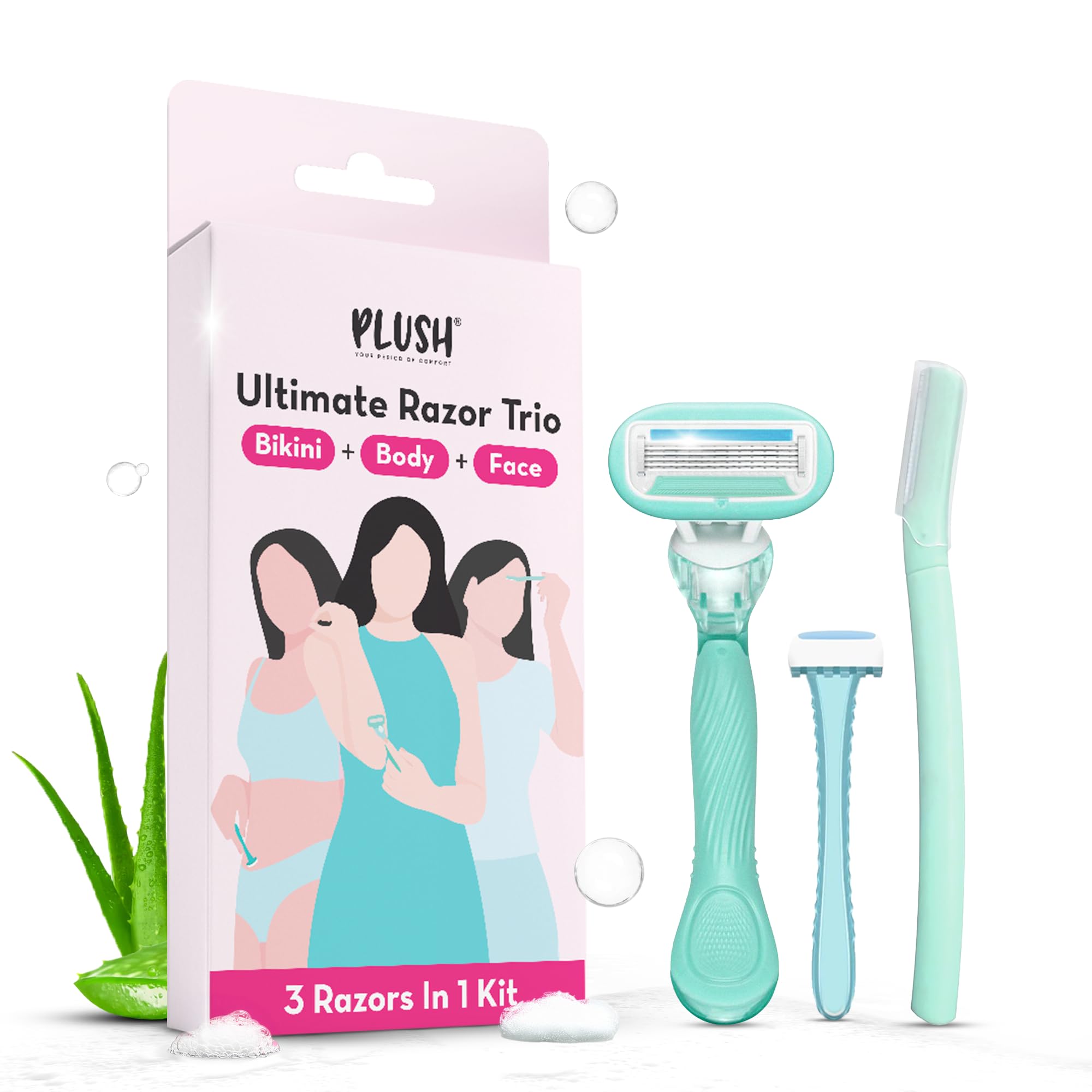 Plush The Ultimate Razor Trio Kit | Bikini, Body & Face Razor for Woman | 3-in-1 Hair Removal Kit | Smooth, Precise & Gentle Shave | Travel-Friendly & Easy to Use | Zero Cuts & Bumps-image-1