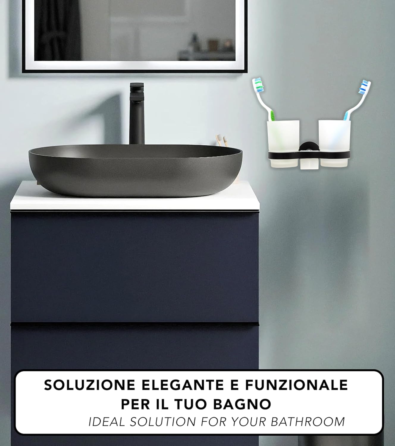 IPEA Self Adhesive Wall Mounted Toothbrush Cup with Double Cup - No Drilling Required - Modern Design - Toothbrush Holder for Toothbrushes Toothpaste for Bathroom Shower - Chrome Plated Holder