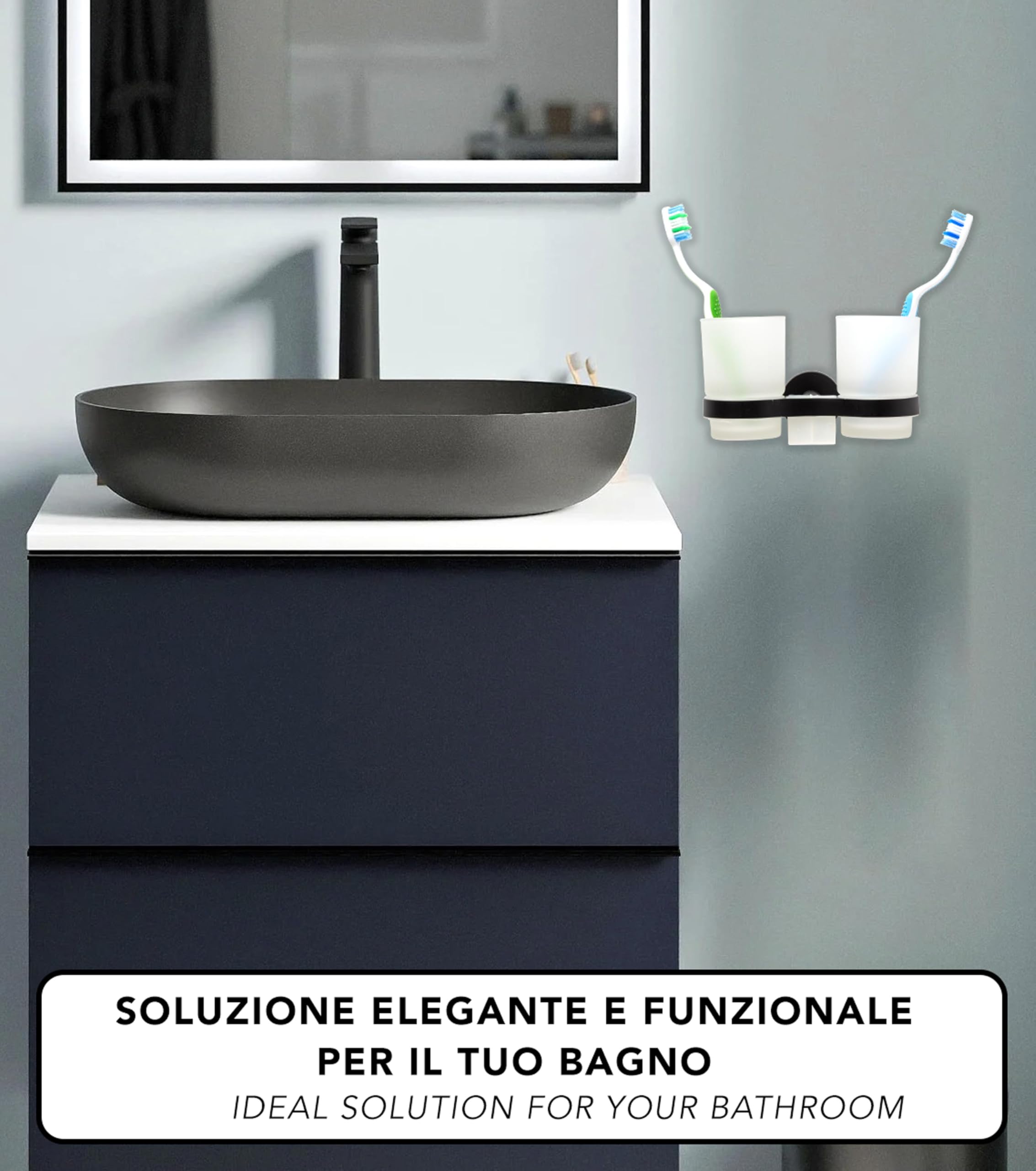 IPEA Samoprzylepny uchwyt na szczoteczkę do zębów z podwójną szklanką - bez wiercenia - nowoczesny design - stylowy uchwyt na szczoteczki do zębów i pastę do zębów na ścianę przyklejanie w łazience