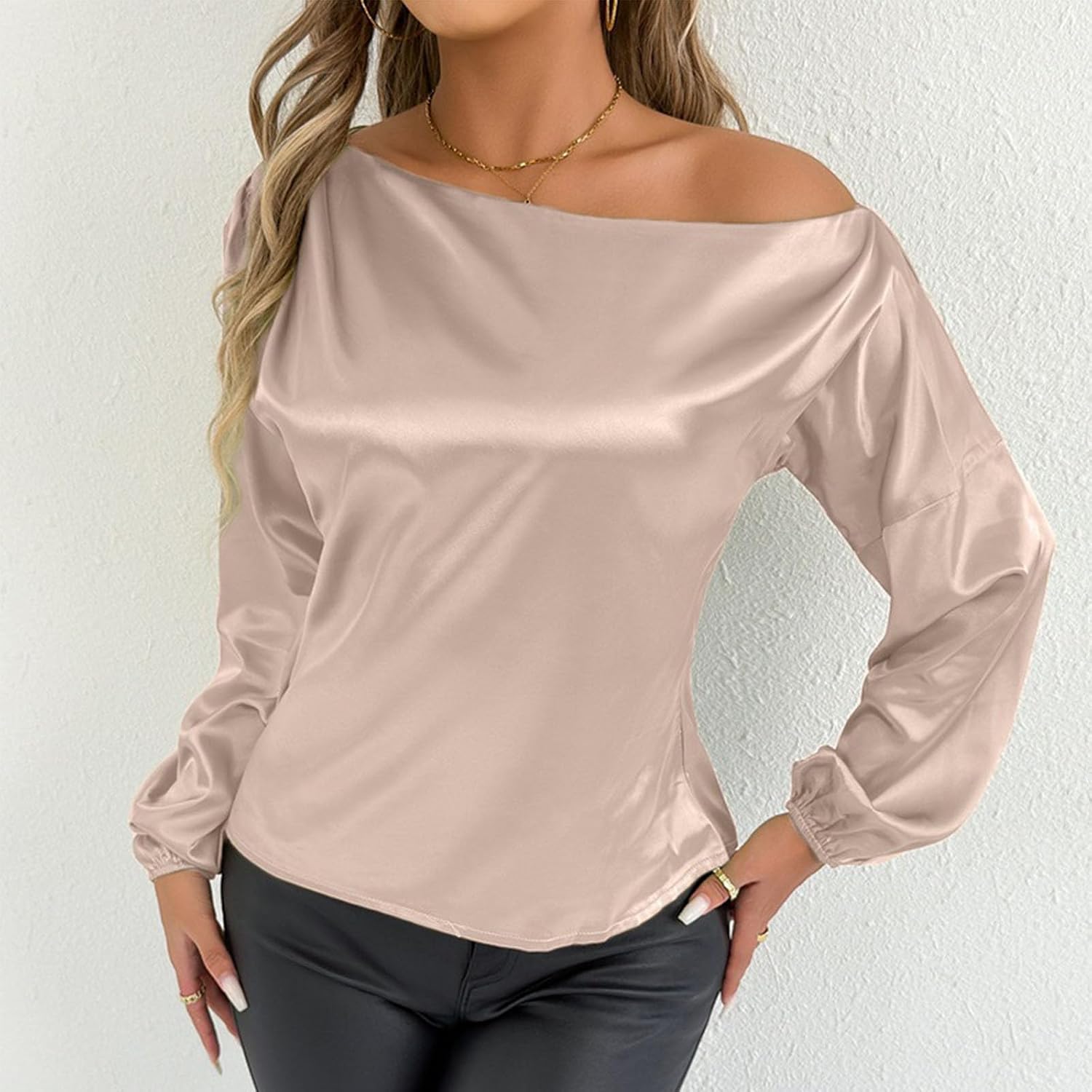Womens Satin Silk Blouses Long Sleeve Off Shoulder Shirts Dressy Casual Loose Tops Solid Fall Business Work Outfit