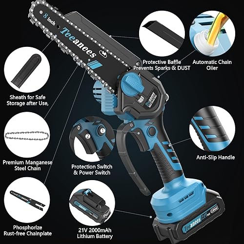 Miniatura 6 de Mini motosierra inalámbrica de 8 pulgadas, motosierra eléctrica portátil con 2 baterías de 4000 mAh, 8 cadenas, engrasador automático, sierra de