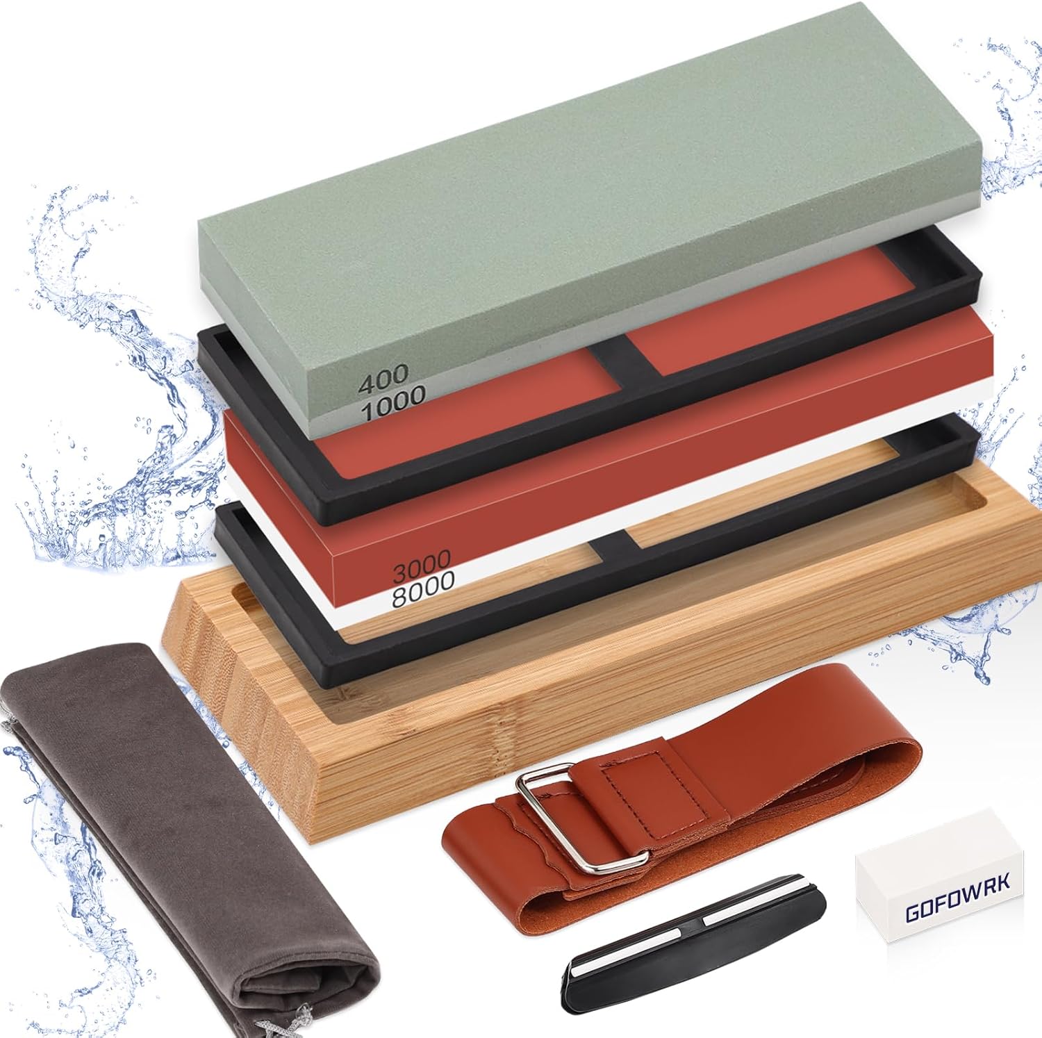 GOFOWRK Knife Sharpening Stone Set, 4 Side Grit 400/1000, 3000/8000 Whetstone, Wet