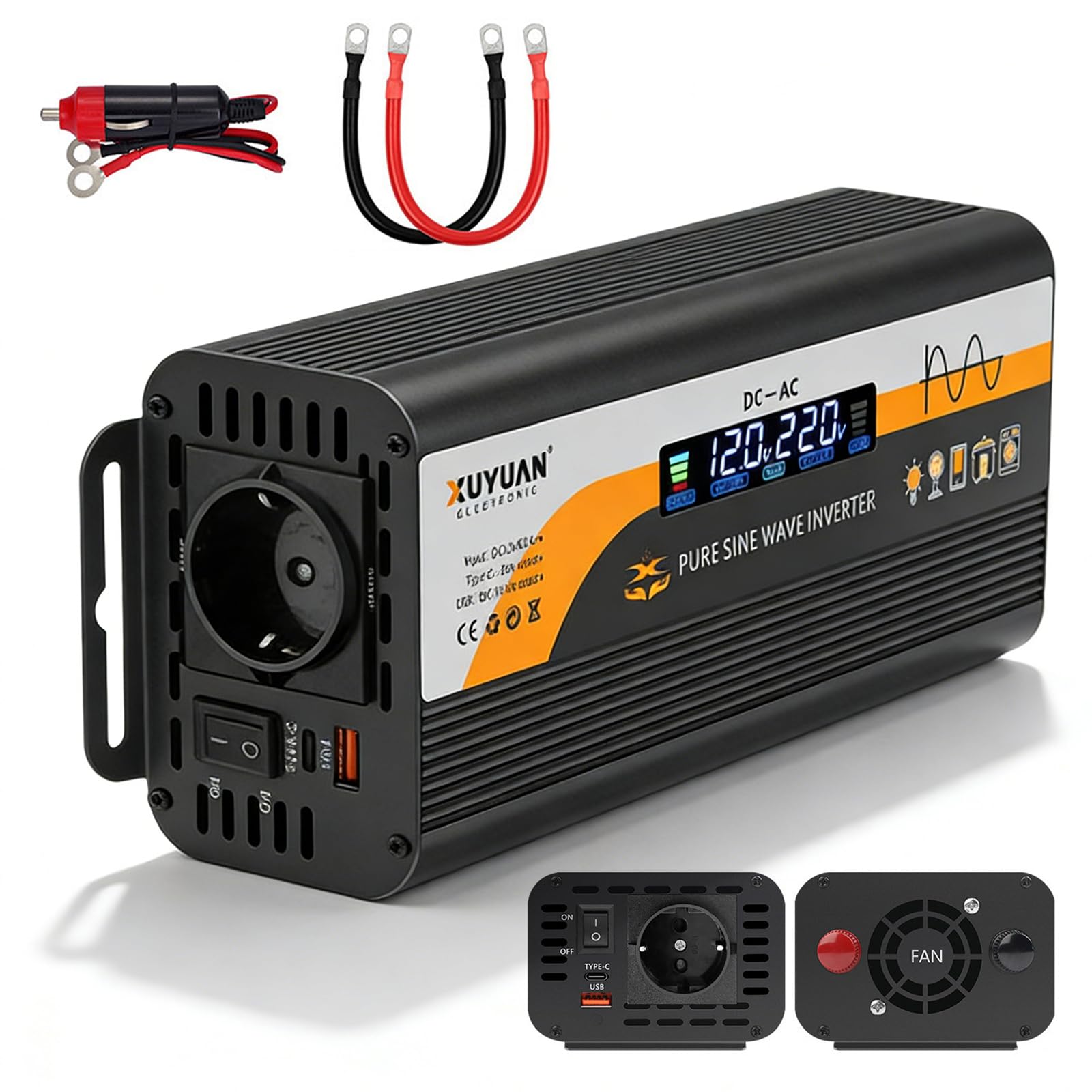 GAOUTO Onduleur sinusoïdal pur 700 W/1400 W 12 V et 24 V vers 220 V - Affichage écran LCD - Convertisseur de tension avec 1 prise UE et 1 port de type C et USB - Port USB 5 V/3 A - Pour camions