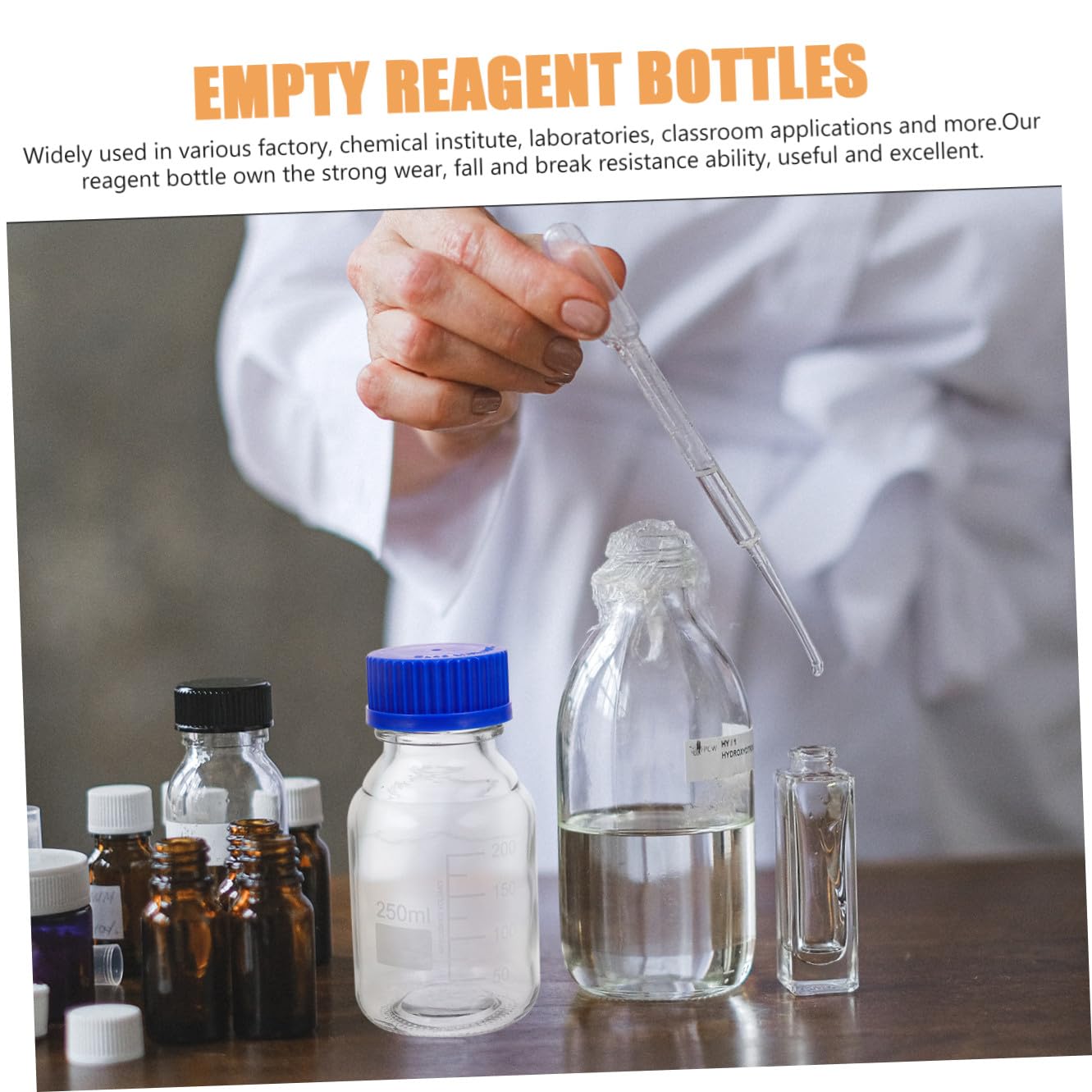 Bottiglia Reagenti Graduata da 250ml in Vetro con Tappi Blu 4 Pezzi | Set per Laboratorio, Chiusura a Vite, Corpo Trasparente, Formato Quadrato