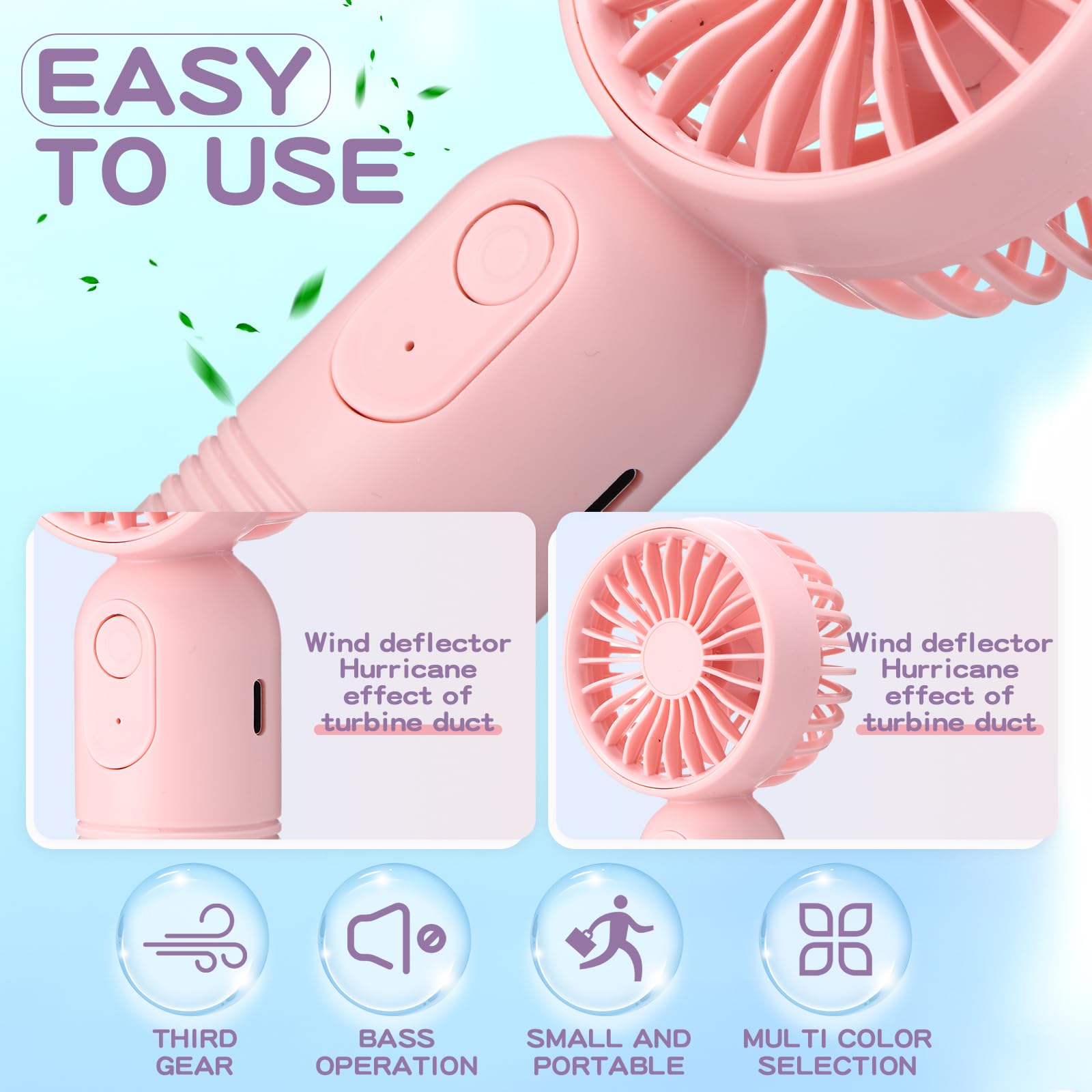 Mini ventilador portátil a granel lindo de mano ligero pequeño ventilador personal de pestañas de mano 3 velocidades recargable por USB para mujeres y hombres, para interiores y exteriores 3