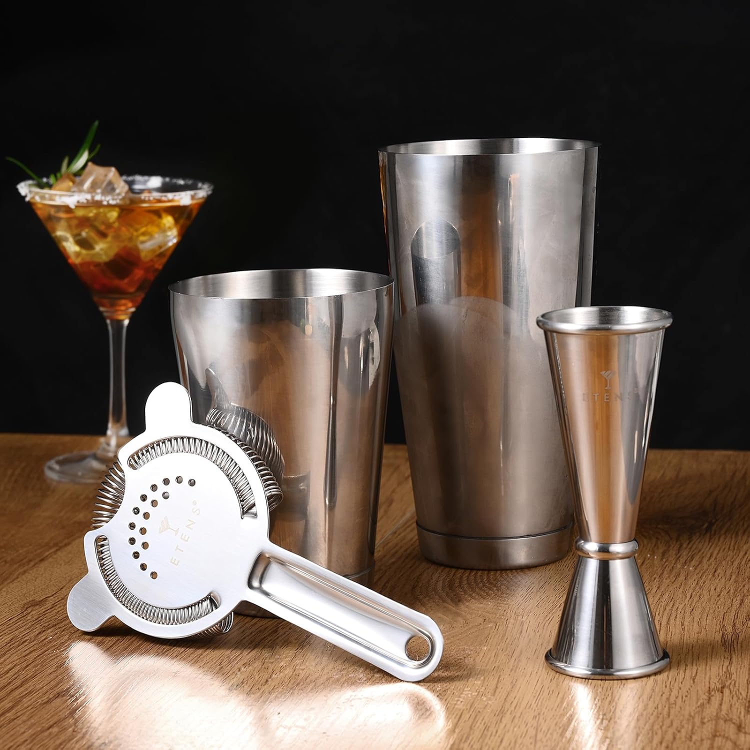 Professional Cocktail Shaker - Weighted Boston Shaker Set with Hawthorne Strainer & Japanese Jigger for Drinks - Stainless Steel Bartender Kit for Mixology