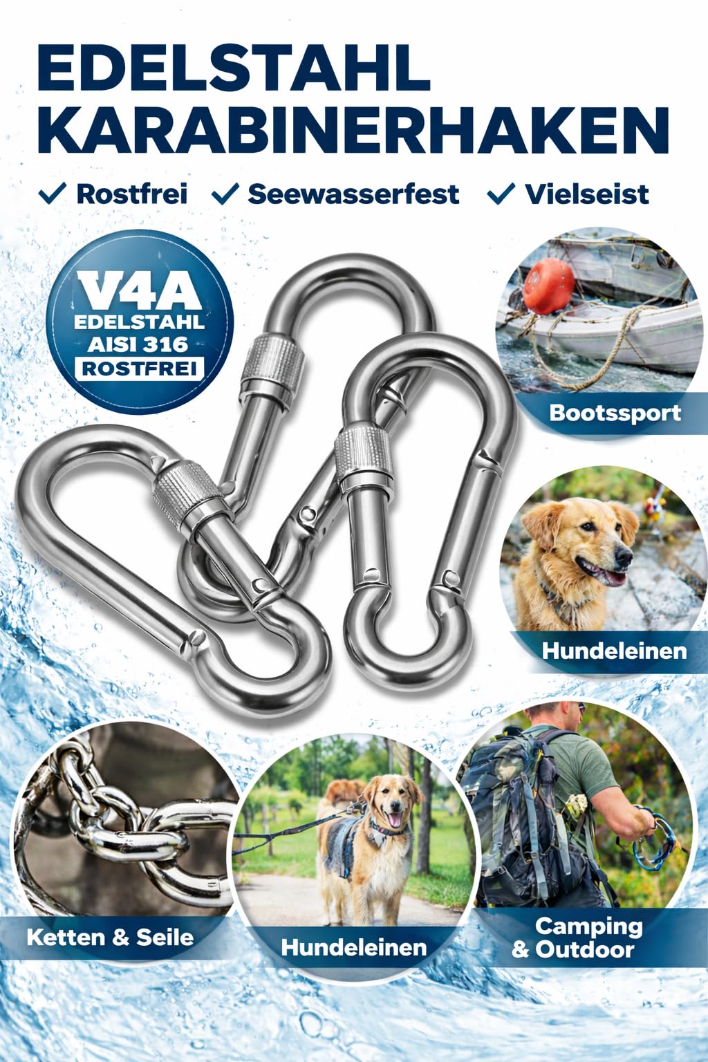 Karabiner mit Sicherungsmutter 4-10 mm Edelstahl V4A (AISI316) Schraubkarabiner, seewasserfest, für Seile, Ketten, Outdoor, Marine, Korrosionsbeständig, besonders langlebig.