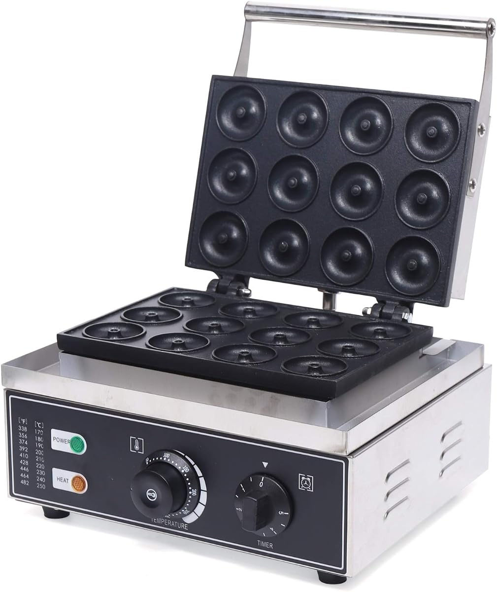 LOYALHEARTDY Mini máquina eléctrica para hacer donas, 110 V, 1550 W, antiadherente, uso comercial y doméstico, negro, estilo moderno, acero inoxidable y aluminio, 12 donas a la vez