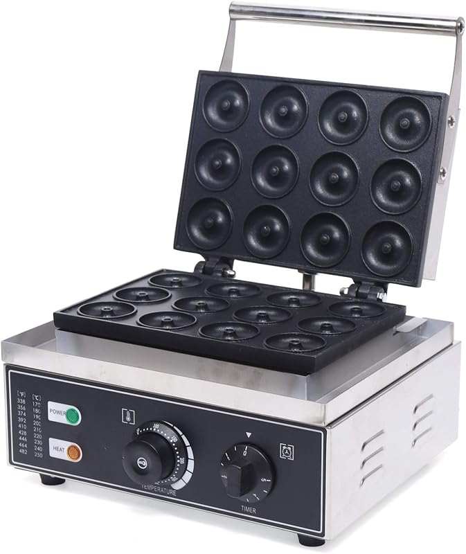 LOYALHEARTDY Mini máquina eléctrica para hacer donas, 110 V, 1550 W, antiadherente, uso comercial y doméstico, negro, estilo moderno, acero inoxidable y aluminio, 12 donas a la vez