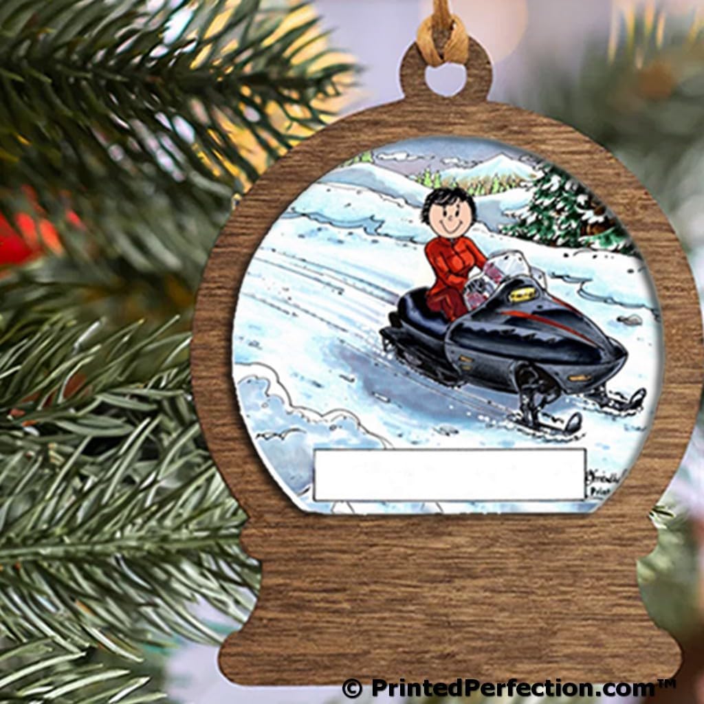 PrintedPerfection.com Personalized Snowmobile - Female Wooden Snow Globe Shaped Christmas Ornament