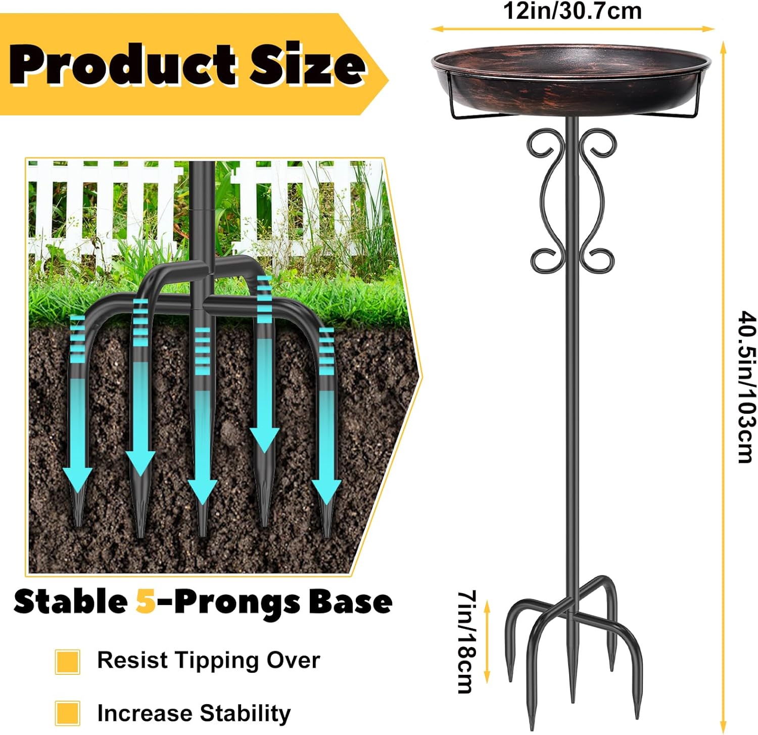 Metal Bird Bath for Outside, 40In Tall Vintage Freestanding Birdbaths & Birdfeeder, Outdoor Bird Bath Bowl with Sturdy 5-Pronged Base for Patio Yard Lawn Decor (Bronze+Glod)