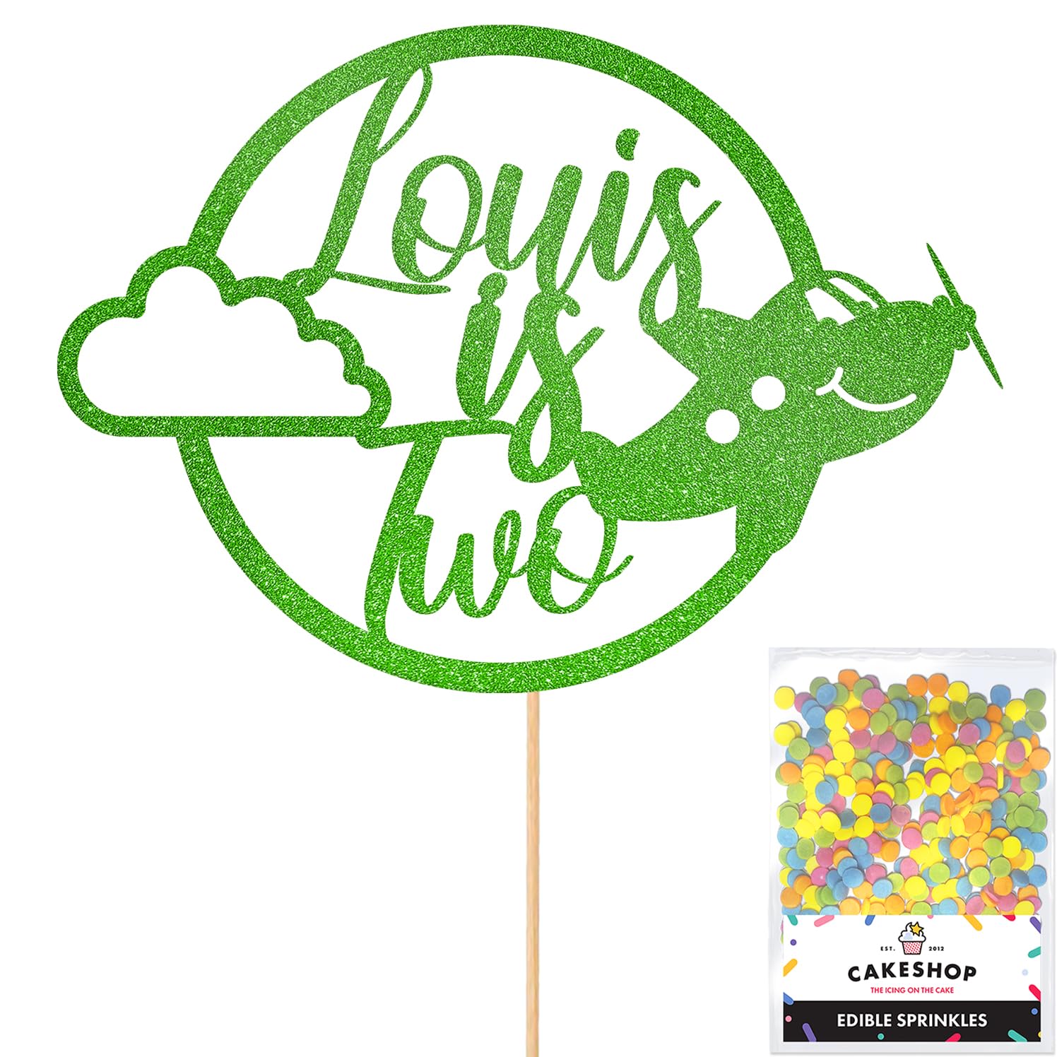 Personalised Plane Aeroplane Glitter Cake Topper- Green Any Custom Age & Name Glitter Cake Decoration and Sprinkles - Happy Birthday Decorations - Personalised Toppers for Cakes by Cakeshop โ image 1