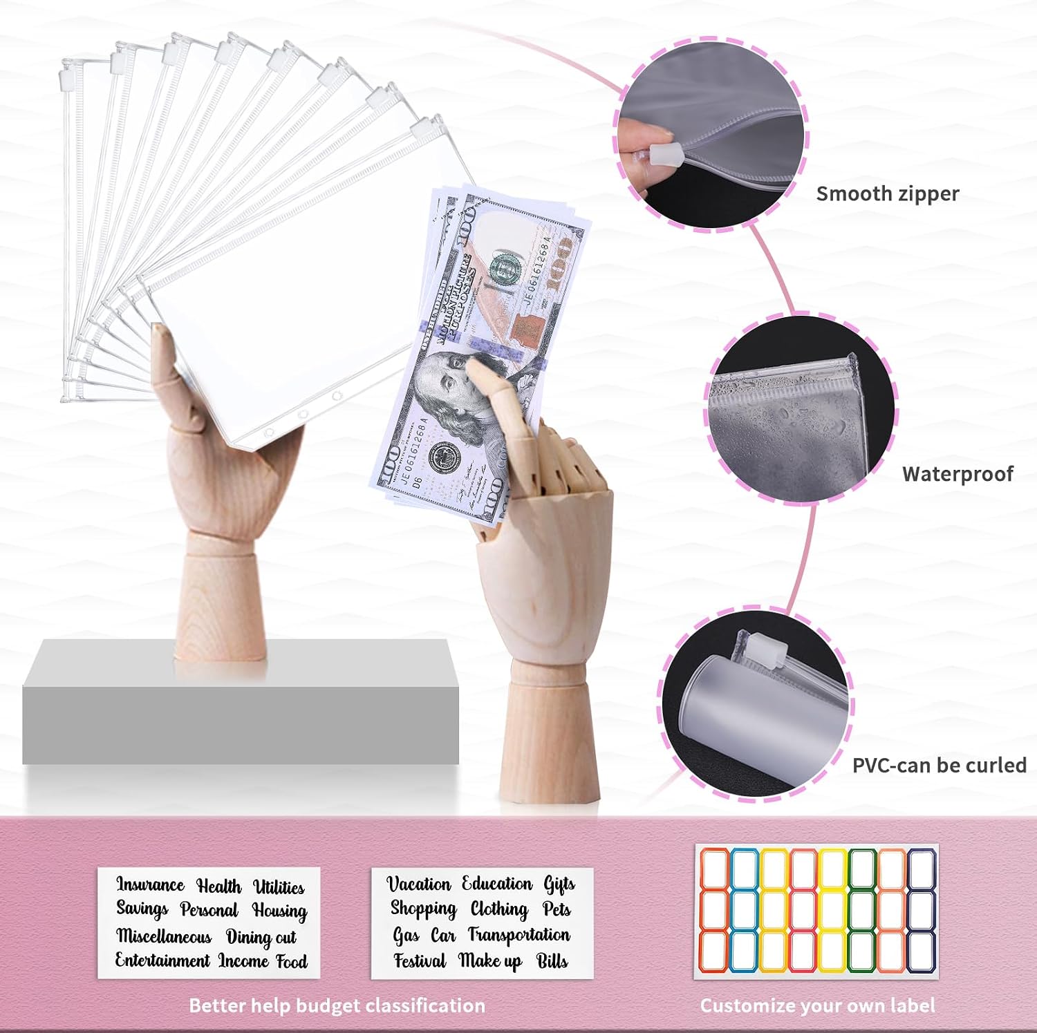 Budget Binder with Zipper Envelopes, Money Organizer for Cash, 28Pcs Budget Binder with Cash Envelopes (Shiny Pink) image 4