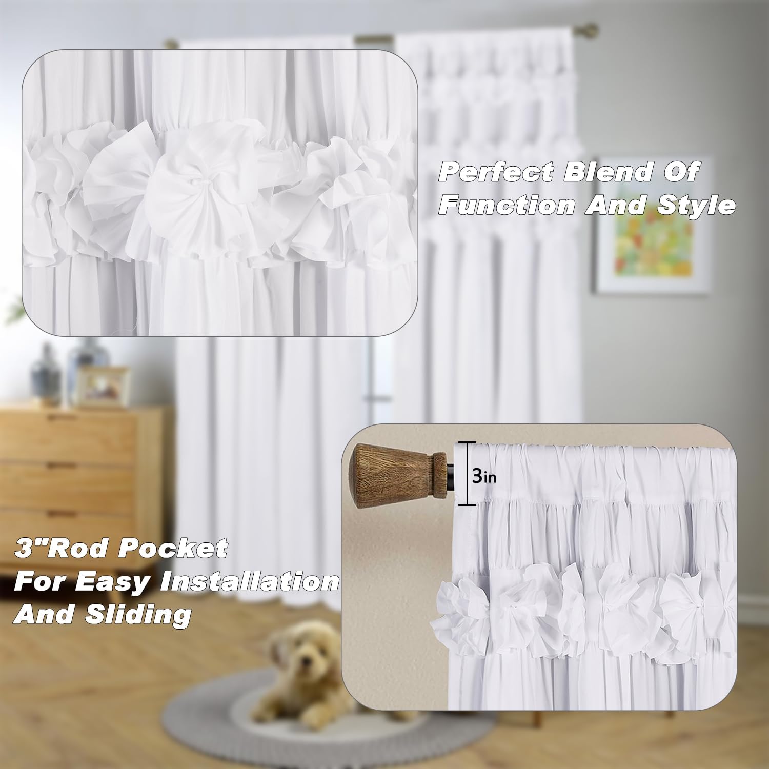 White Blackout Drapes - Handmade Ruffles & Butterfly Flower Accents Heat Blocking Window Curtain 42" W x 63" L (Pair) - Thermal Insulated, Soundproof & Light Reducing Curtains (LQ-37)