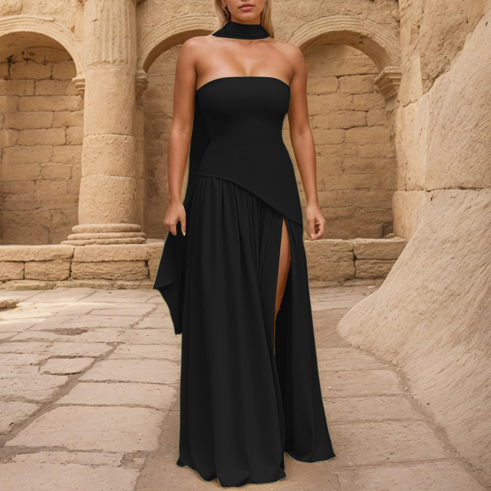 Vestido de noche para mujer, hombros descubiertos, sin tirantes, vestido de cóctel con bufanda sin espalda, maxi vestido con abertura alta, boda, invitado de graduación, fiesta, elegante