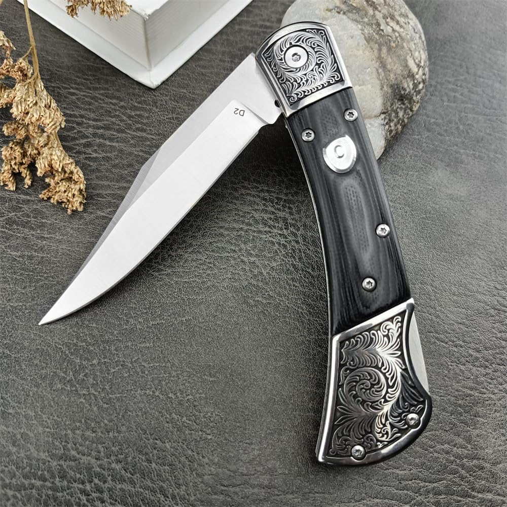 3.35'' High Hardness D2 Steel Blade Mikata Handle Outdoor Pocket Folding Knife Camping Rescue Self Defense Tactical Tool with Leather Sheath