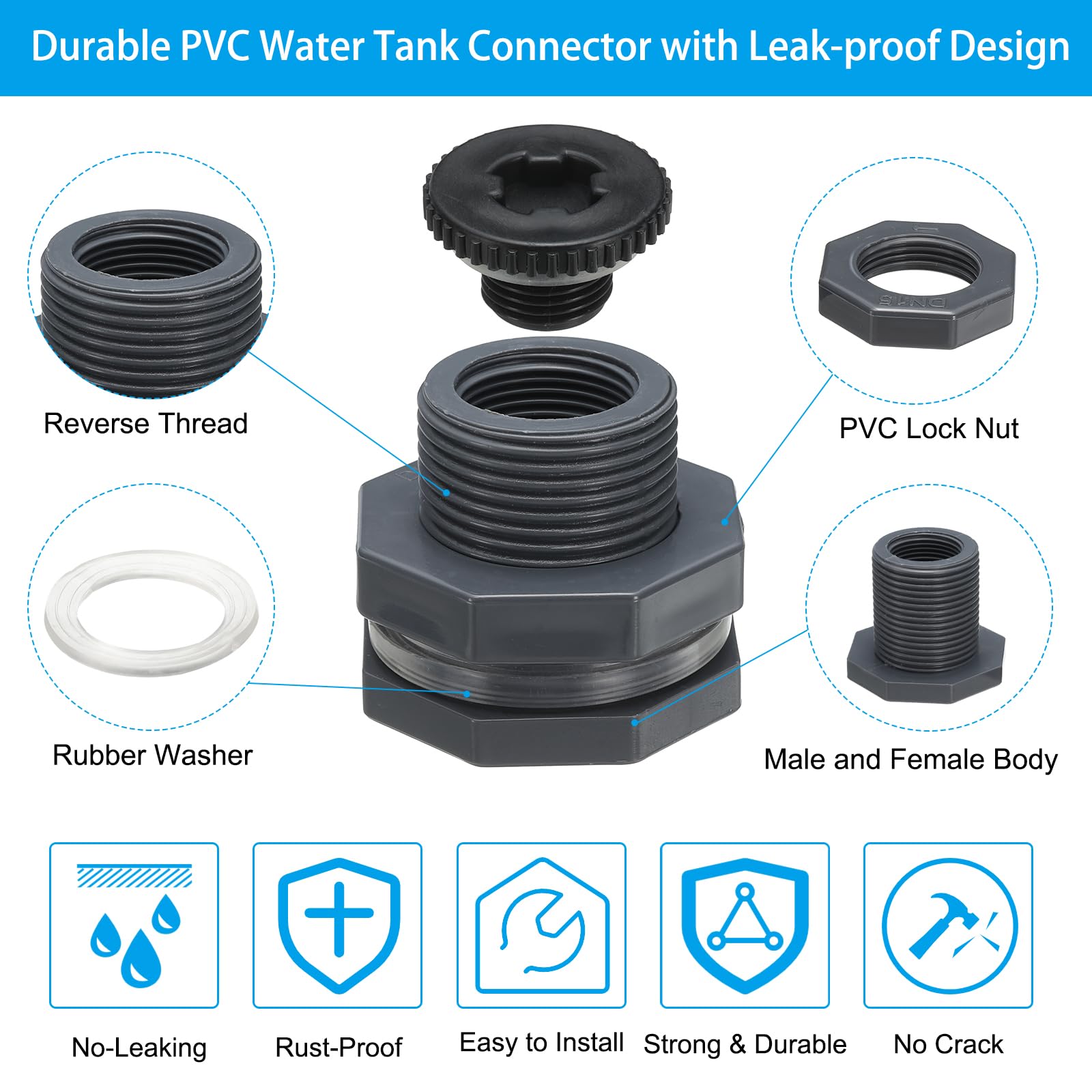 PATIKIL PVC Bulkhead Fitting with Plug G 3/4 - Image 3