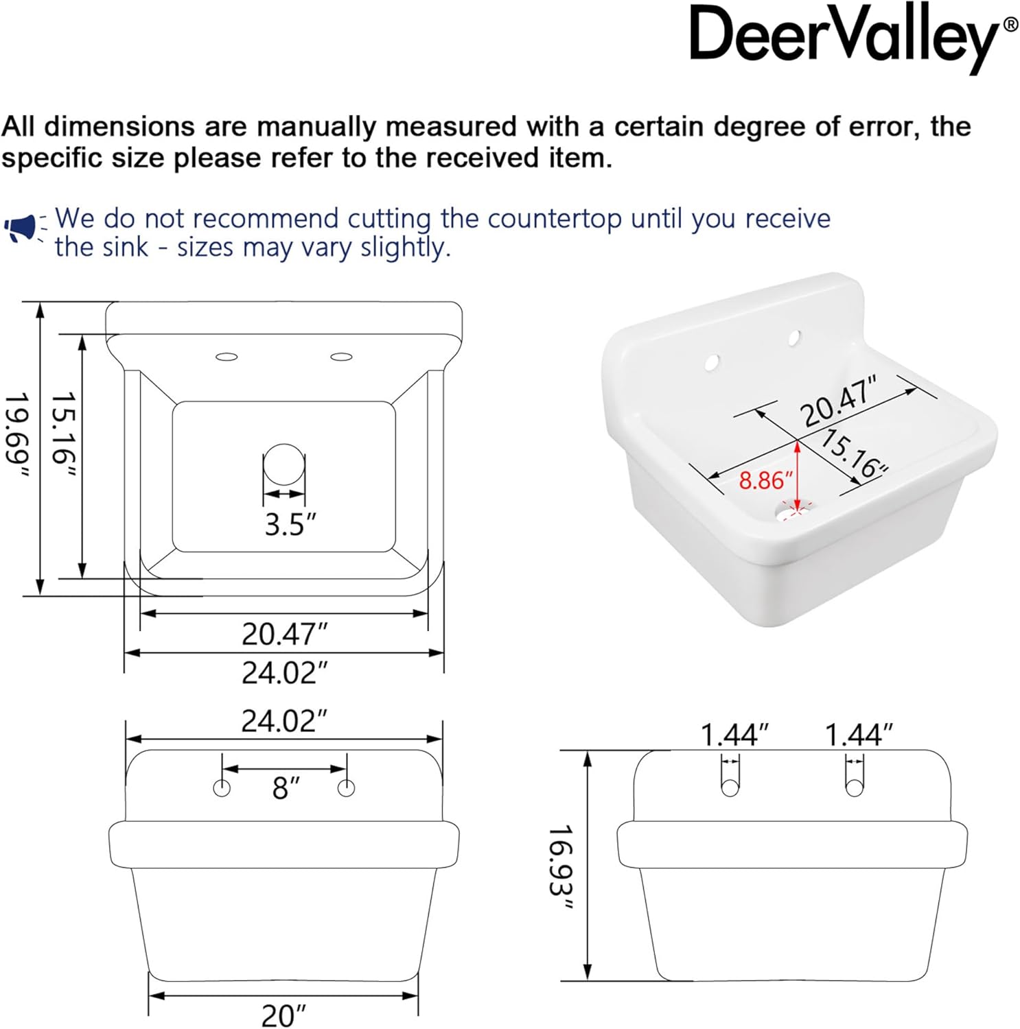 DeerValley Wall Mount Utility Sink 24 Inch, White Laundry Sink, Ceramic High Back Farmhouse Sink for Laundry Room, Garage, Kitchen, Bathroom