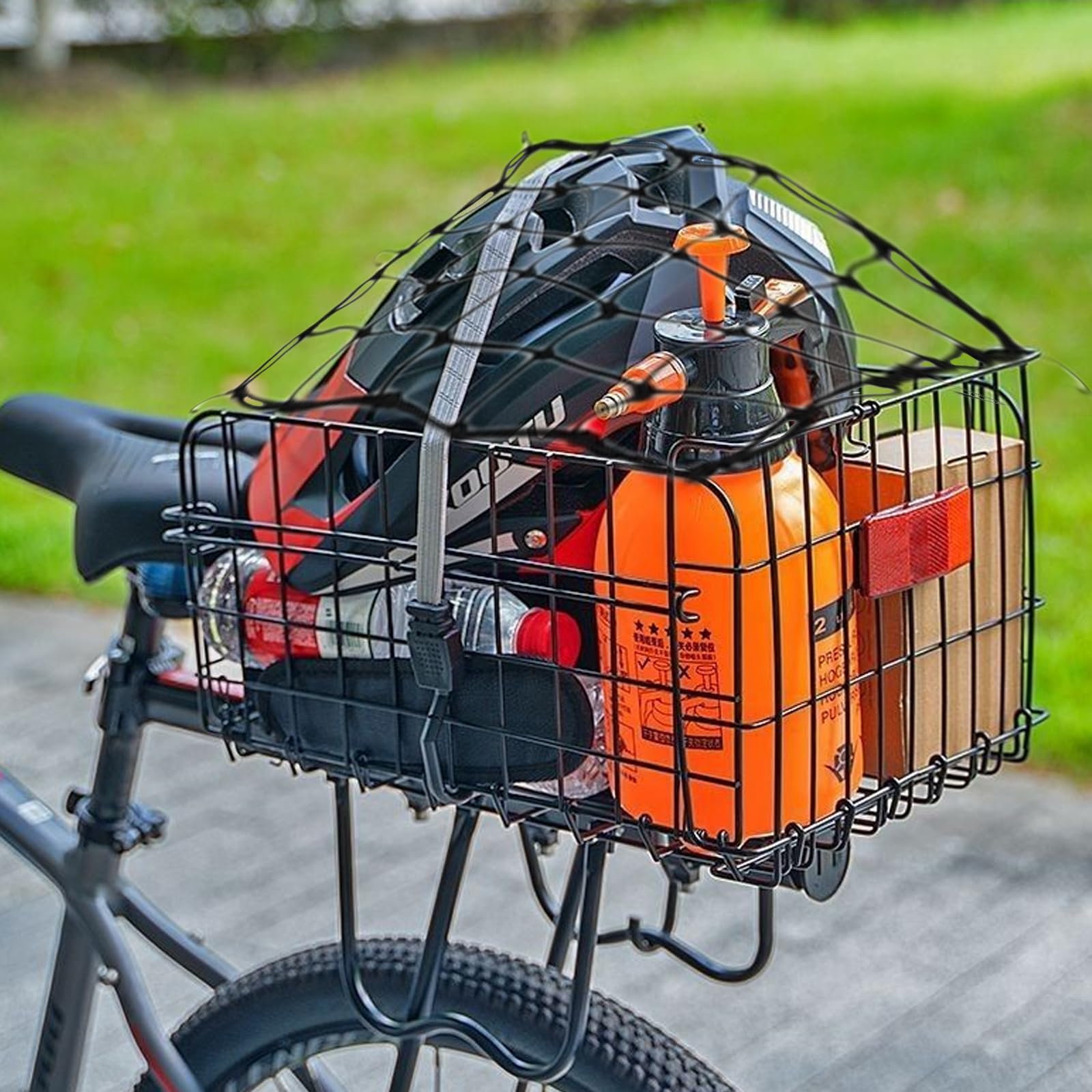W&H Cesta trasera plegable para bicicleta, cesta de metal grande, plegable, cesta para bicicleta, portaequipajes trasero con accesorios de montaje, red para equipaje y reflector, cesta para bicicleta