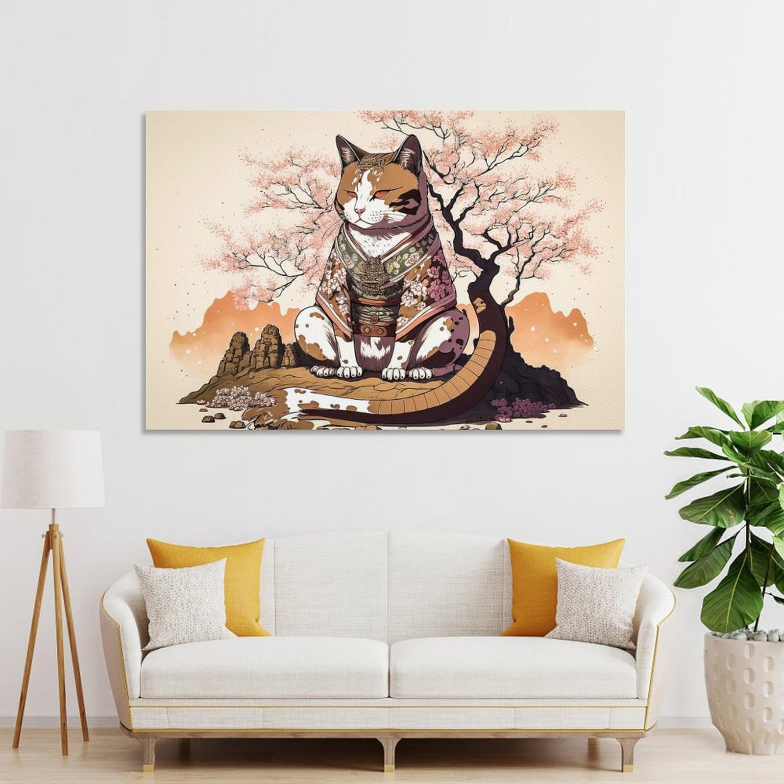 Junmoney Wall Picture Print Cat Samurai Japan, 20x30inch(50x75cm), for Lounge, Bedroom Or Personal Spaces, Canvas Artwork with Gifting Potential