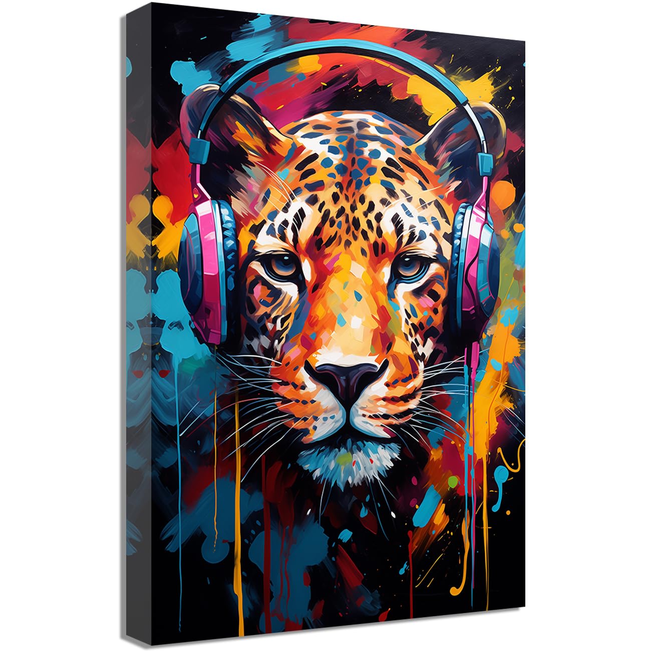 LMYSXAOZ Abstract Leopard Canvas Wall Art with Headphones Picture Prints DJ Music Animal Graffiti Poster for Office Living Room Decor (Leopard,20.00" x 30.00")