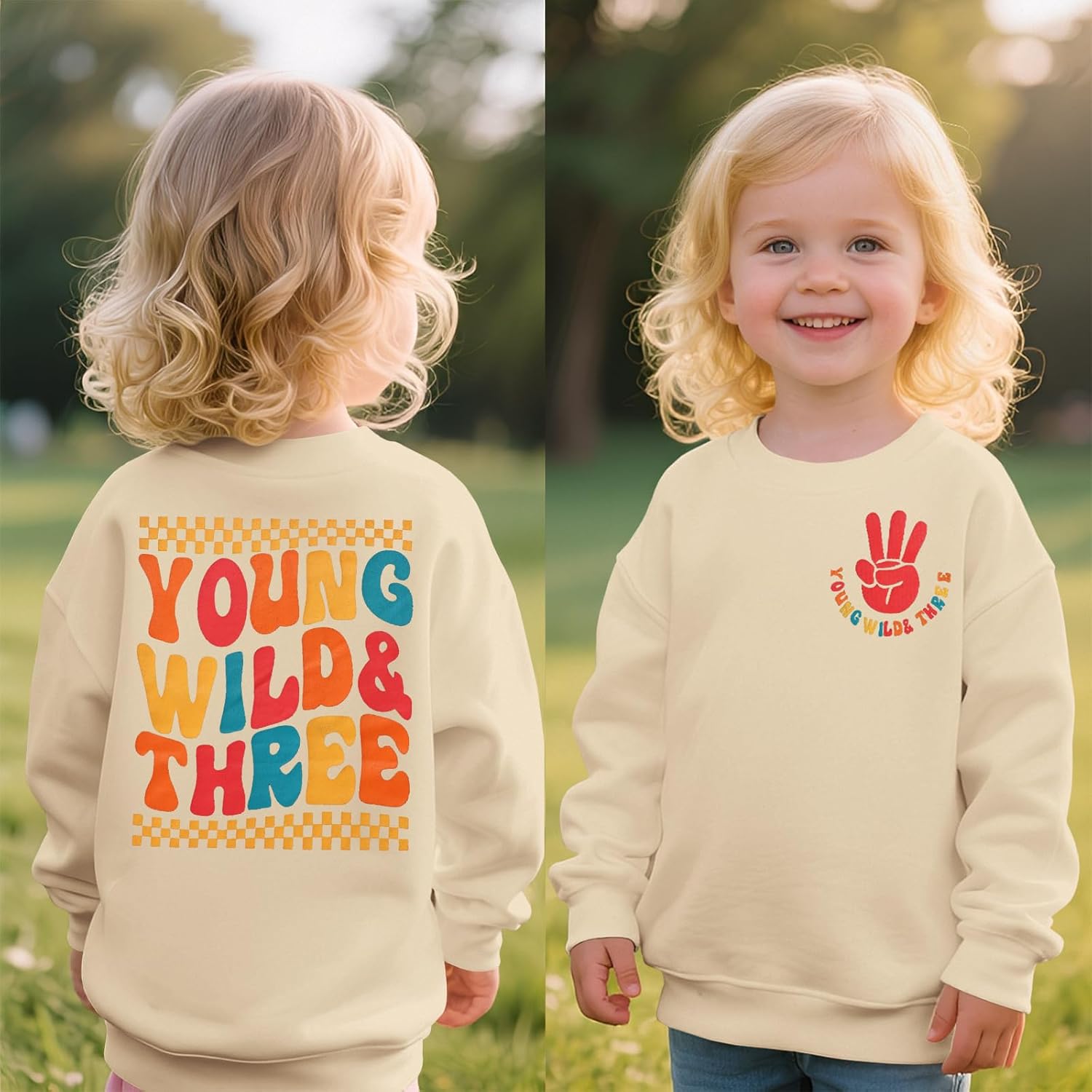 MODNTOGA Young Wild and Three Shirt Toddler Girl Third Birthday Sweatshirt 3rd Birthday Crewneck Outfit 3T B-Day Party Tops - Image 2