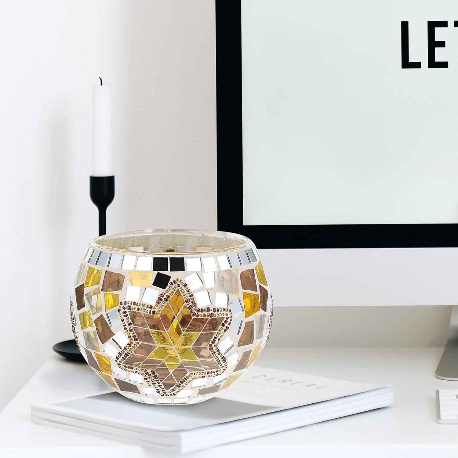 3pcs European Mosaic Glass Candleholder Set for Table Decor, Wedding Candlestick with Wavy Pattern, Gold Snowflake Colorful Flags, Romantic Candlelight Dinner Supply