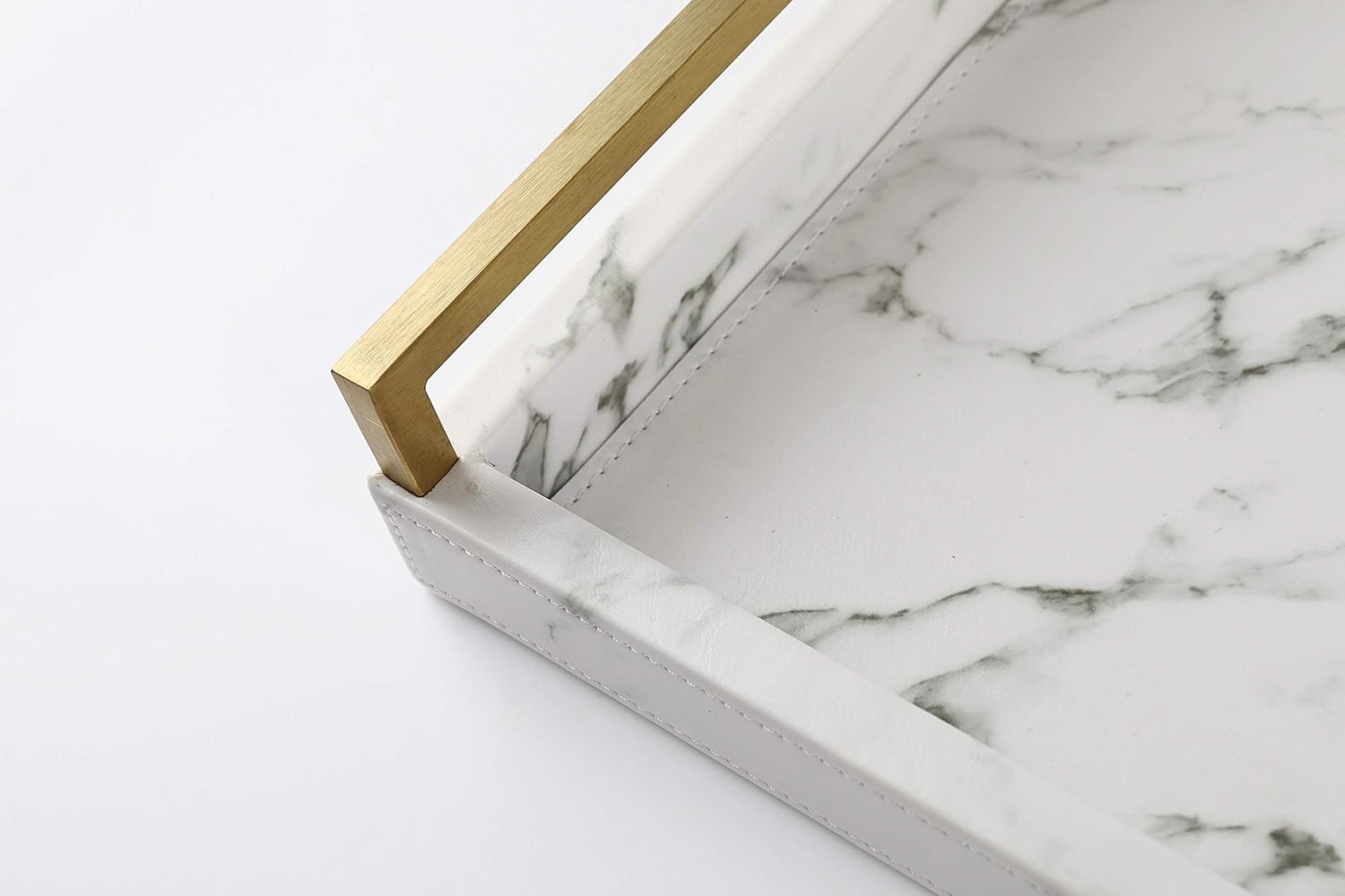 Onе-Dау Sаlе: Uр tо 60% оƒƒ WV Coffee Table Serving Tray Faux Leather White Marble Finish with Brushed Gold Stainless Steel Handle for Living Room (White)