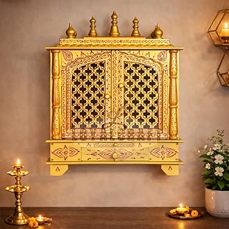 LOYALCRFAT Wooden Temple Large Size 24x12x30 Home Temple/Home mandir/god Stand for Home/Pooja Stand/Home mandap/mandapam/Pooja mandir with Doors (Large 24x12x30 WxDxH INCH, Golden)