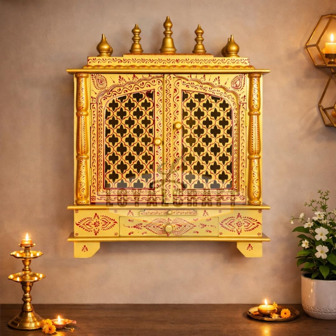 LOYALCRFAT Wooden Temple Large Size 24x12x30 Home Temple/Home mandir/god Stand for Home/Pooja Stand/Home mandap/mandapam/Pooja mandir with Doors (Large 24x12x30 WxDxH INCH, Golden)