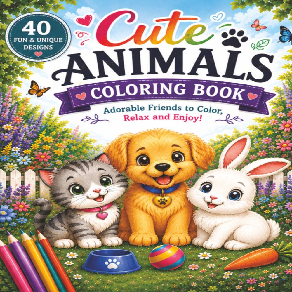 Cute Animals Coloring Book: adorable friends to color. relax and enjoy. for kids, teens, and adult.