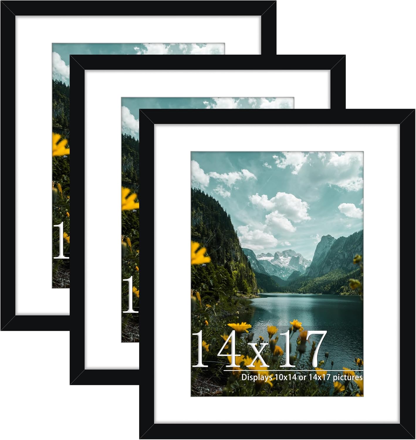 Picrit 14x17 Picture Frame 3 Pack, Black Poster Frame, Display Poster 10 x 14 with Mat or 14 x 17 without Mat for Horizontal or Vertical Wall Mounting Black 14x17