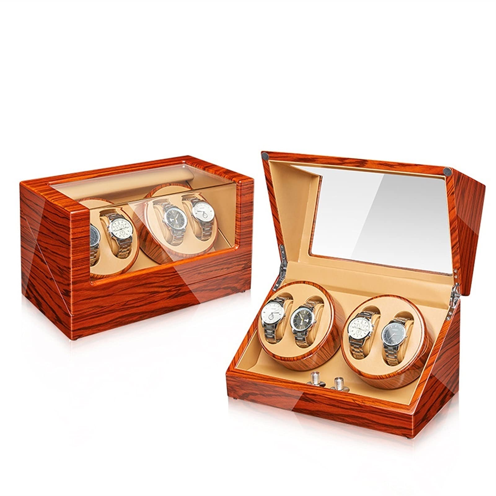 Uhren-Display-Box, Uhrenbeweger für 2/4 Automatikuhren, Uhren-Display-Box mit leisen Motoren, Flexibles Uhrenkissen, Holzschale, Klavierlack, passend für Damen- und Herrenuhren, 4+0