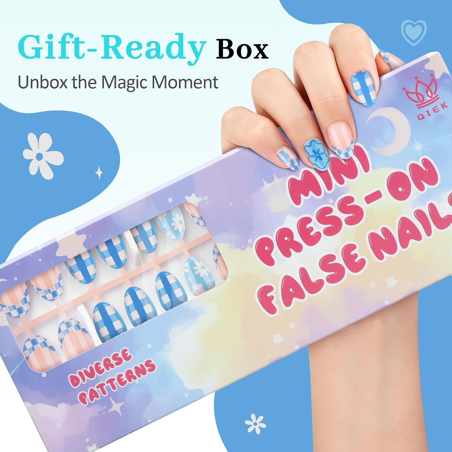 Kids Press on Nails, 16 Sizes 32 PCS French Blue Grid