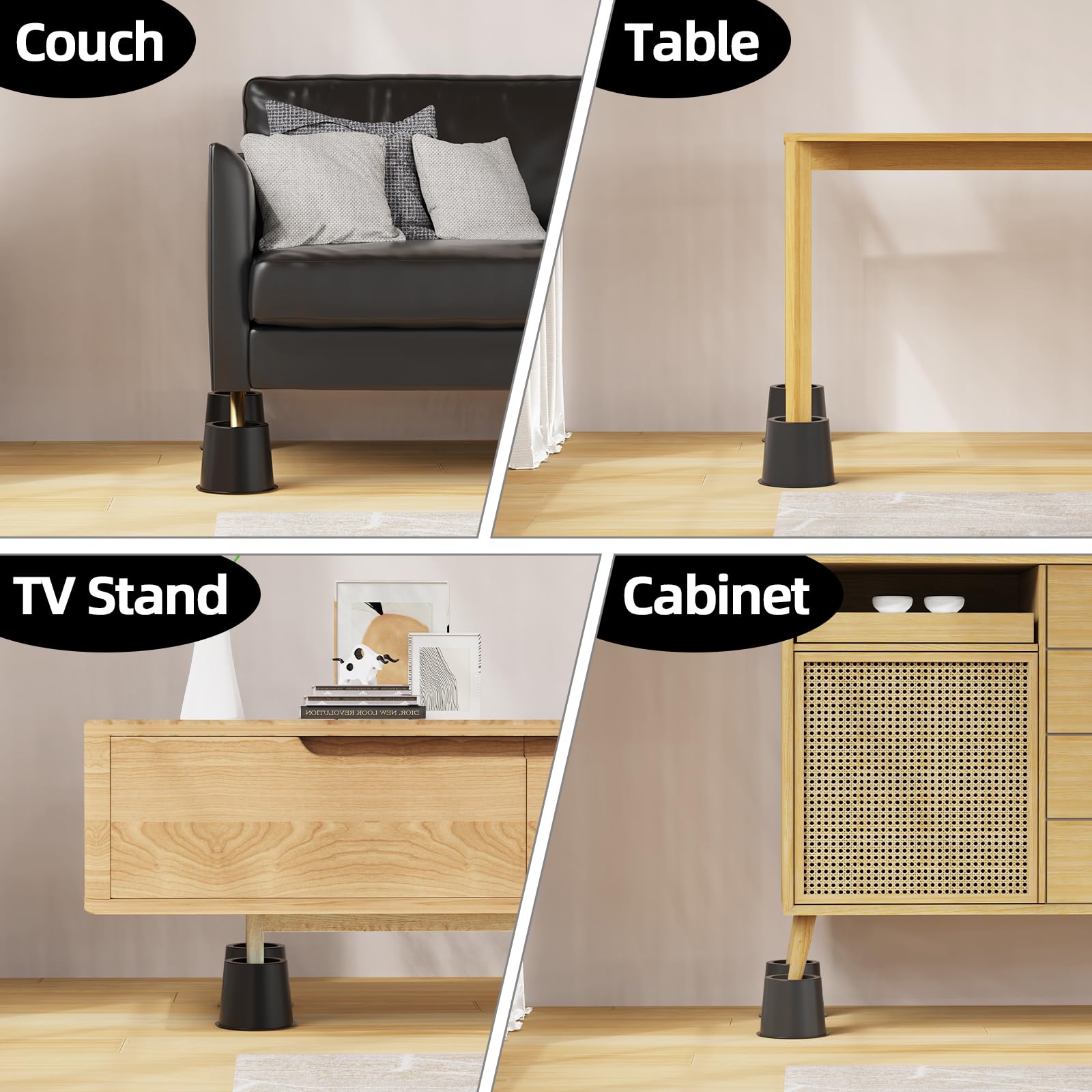 Elevadores de cama de 4 pulgadas, resistentes, ajustables para cama, sofá, mesa, silla, soporta hasta 1500 libras (juego de 4, negro)