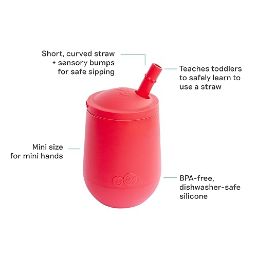 Vista 23 de ezpz Mini taza + sistema de entrenamiento con pajita (azul) - 9 meses + - Taza de entrenamiento 100% silicona para bebés + niños pequeños - Diseñado