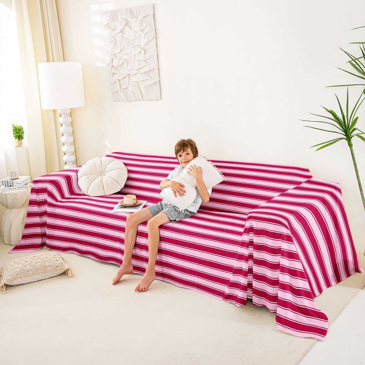 Homewish Funda de sofá a rayas rosas y rojas, 180 x 340 cm