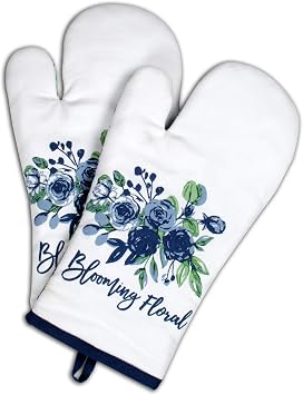 AMOUR INFINI Oven Mitts Set of 1 Quilted Liner with Hanging Loop Non Slip, Heat Resistant, Washable Reusable Oven Mitt Blooming Floral 7x13 Inches