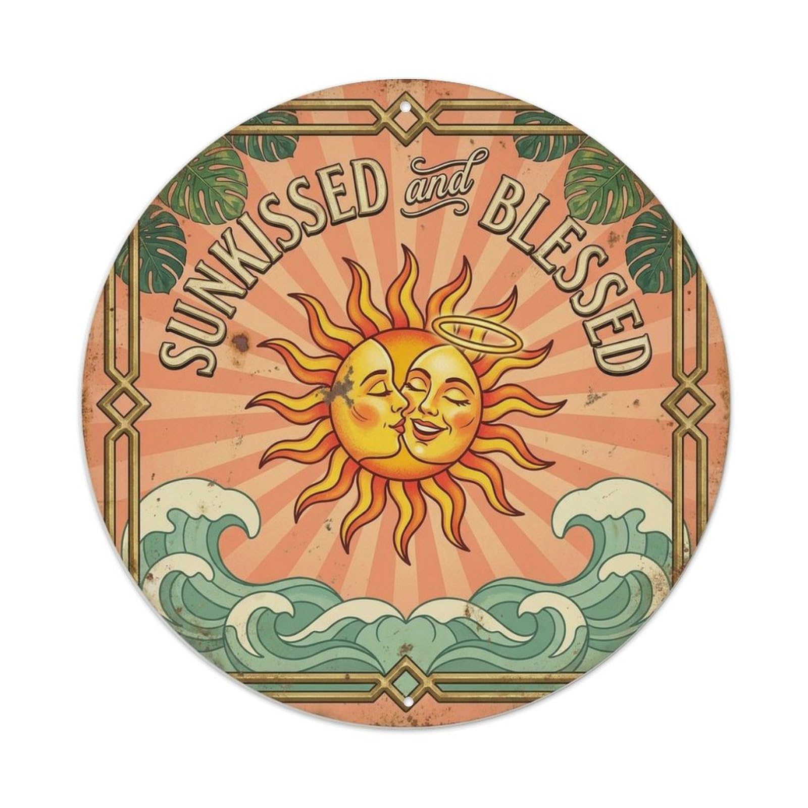 Sunkissed Blessed Tropical Poolside Paradise Summer Beach Metal Tin Sign Plaque Wall Decor for Cafe, Man Cave, Club Bar, Office, Home Garden Round Metal Poster 8x8Inch