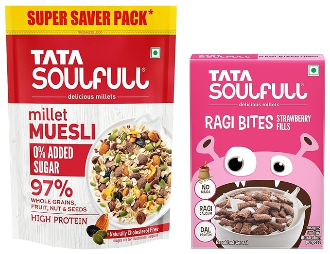 Tata Soulfull 0% Added Sugar Millet Muesli, 700 g & Tata Soulfull Ragi Bites Strawberry Fills, 250g
