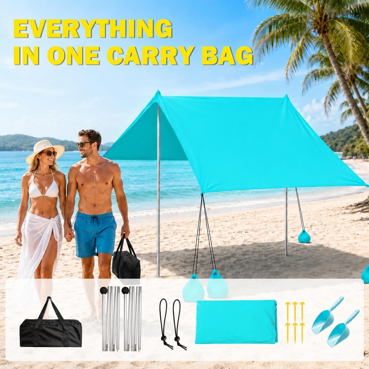 Large Beach Tent Sun Shelter UPF50+, 11x11ft Beach Tents Shade Canopy with 6 Sandbags, Ground Pegs, Stability Poles & Sand Shovel, Portable Outdoor Tent Sun Shelters for Camping, Fishing, Picnics Fun