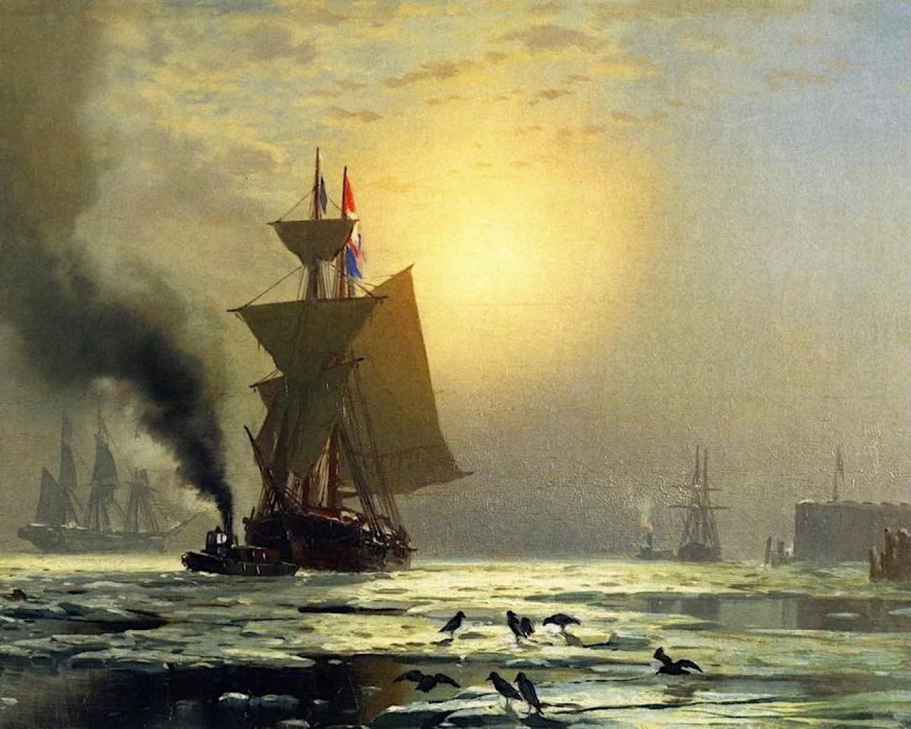 Tapisserie Vintage Brodée à La Main - Bateaux Dans Un Port - Laine Suédoise