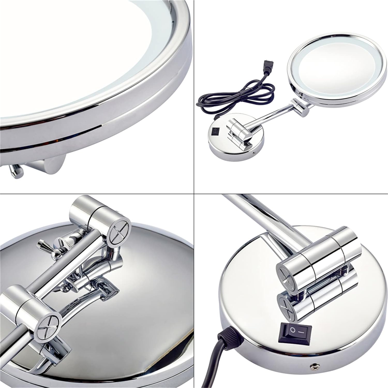 Makeup Mirror with Lights and Magnification, Chrome LED Wall Mounted Bathroom Vanity Mirror, Swivel Extendable Shaving Mirror,Hardwired,5X(Plug in,5X)