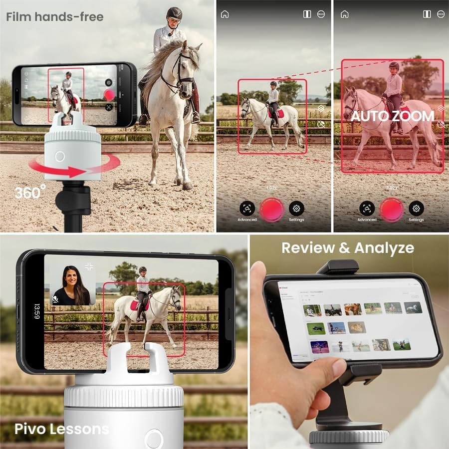 Image of Pivo Equestrian Starter Pack Auto Tracking Phone Holder, Face, Body & Horse Tracker, 360 Rotation, 6 Speed, Stand for Video Recording (White)