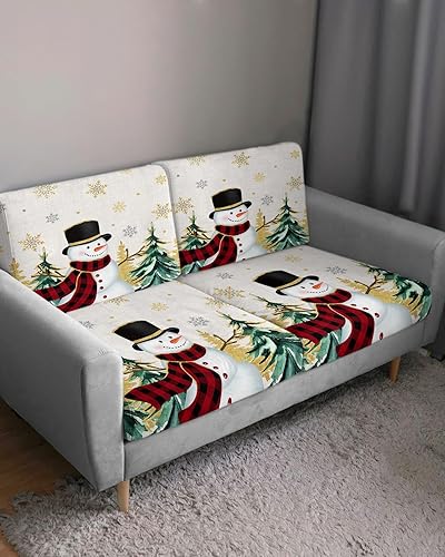 Miniatura 3 de Christmas Couch Cushion Covers, Stretch Sofa Cover with Elastic Bottom, Winter Snowman Snowflake Green Yellow Xmas Tree Sofa Slipcovers Protector