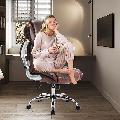 Miniatura 9 de Silla de oficina ejecutiva de cuero, sillas de escritorio ergonómicas de oficina con respaldo alto con ruedas, silla de gestión mecedora de 90-120,