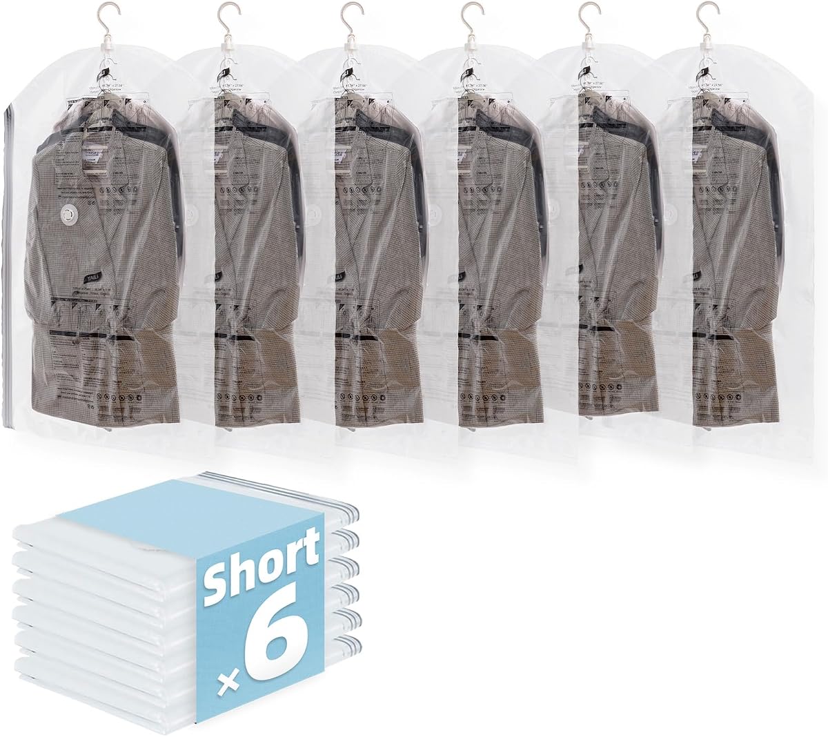 6 Pack Hanging Vacuum Storage Bags, Short Size(41.3 x27.6 inch) | Vacuum Seal Bags for Clothing, Garment Bags for Short Jackets, Coats, Suits, Dresses, Closet Oragnization and Storage